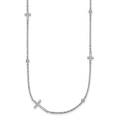 Sterling Silver Rhodium-plated Polished Three CZ Crosses and 3 Round CZ Stations 15 inch with 1.5 inch Extender Necklace