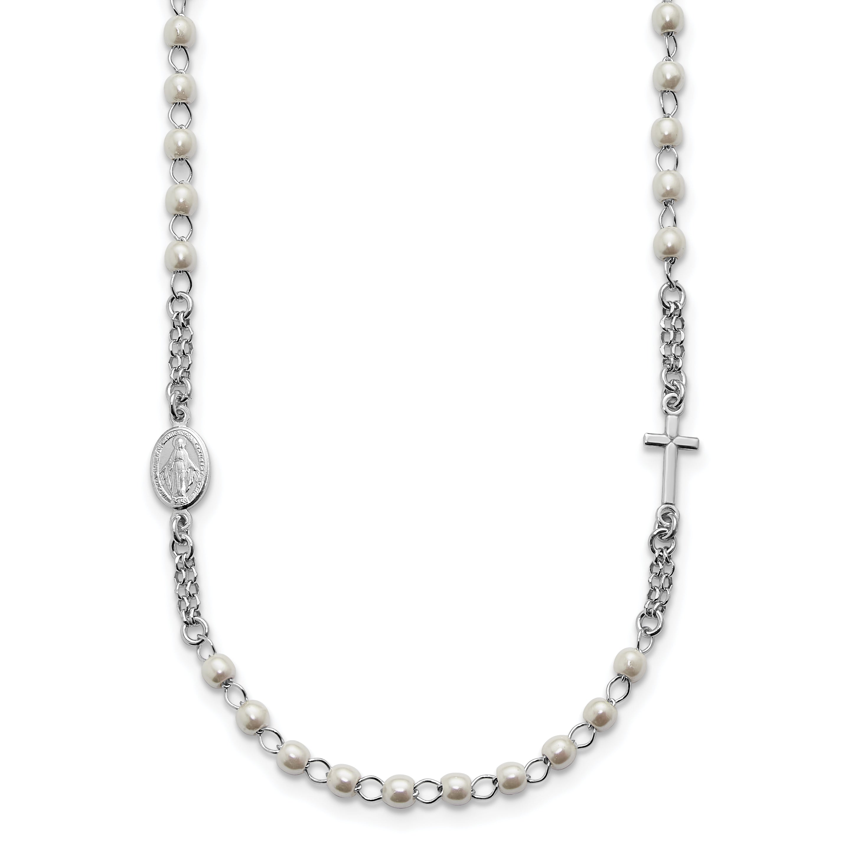 Sterling Silver Rhodium-plated Plastic Imitation Pearl 19.75 inch with 1 inch extender Rosary Themed Necklace
