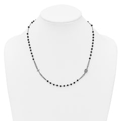 Sterling Silver Rhodium-plated Black Crystal 20 inch with 0.5 inch extender Rosary Themed Necklace