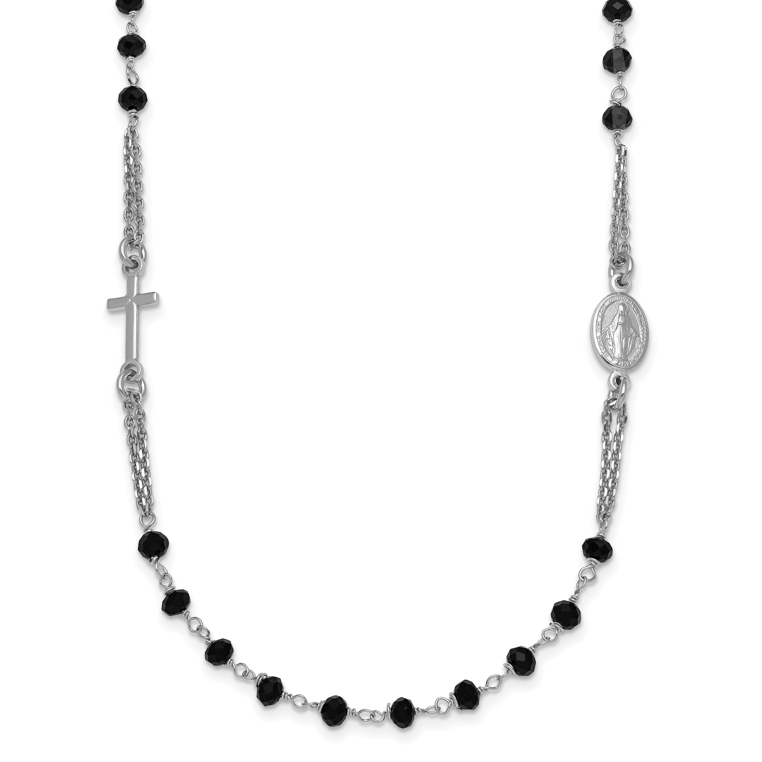 Sterling Silver Rhodium-plated Black Crystal 20 inch with 0.5 inch extender Rosary Themed Necklace