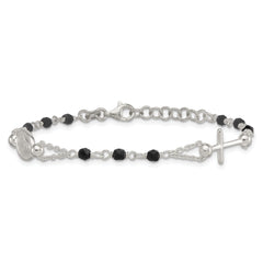 Sterling Silver Polished Beaded Black Glass 6.5 inch with 1 inch Extension Rosary-Design Bracelet