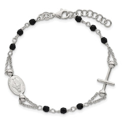 Sterling Silver Polished Beaded Black Glass 6.5 inch with 1 inch Extension Rosary-Design Bracelet