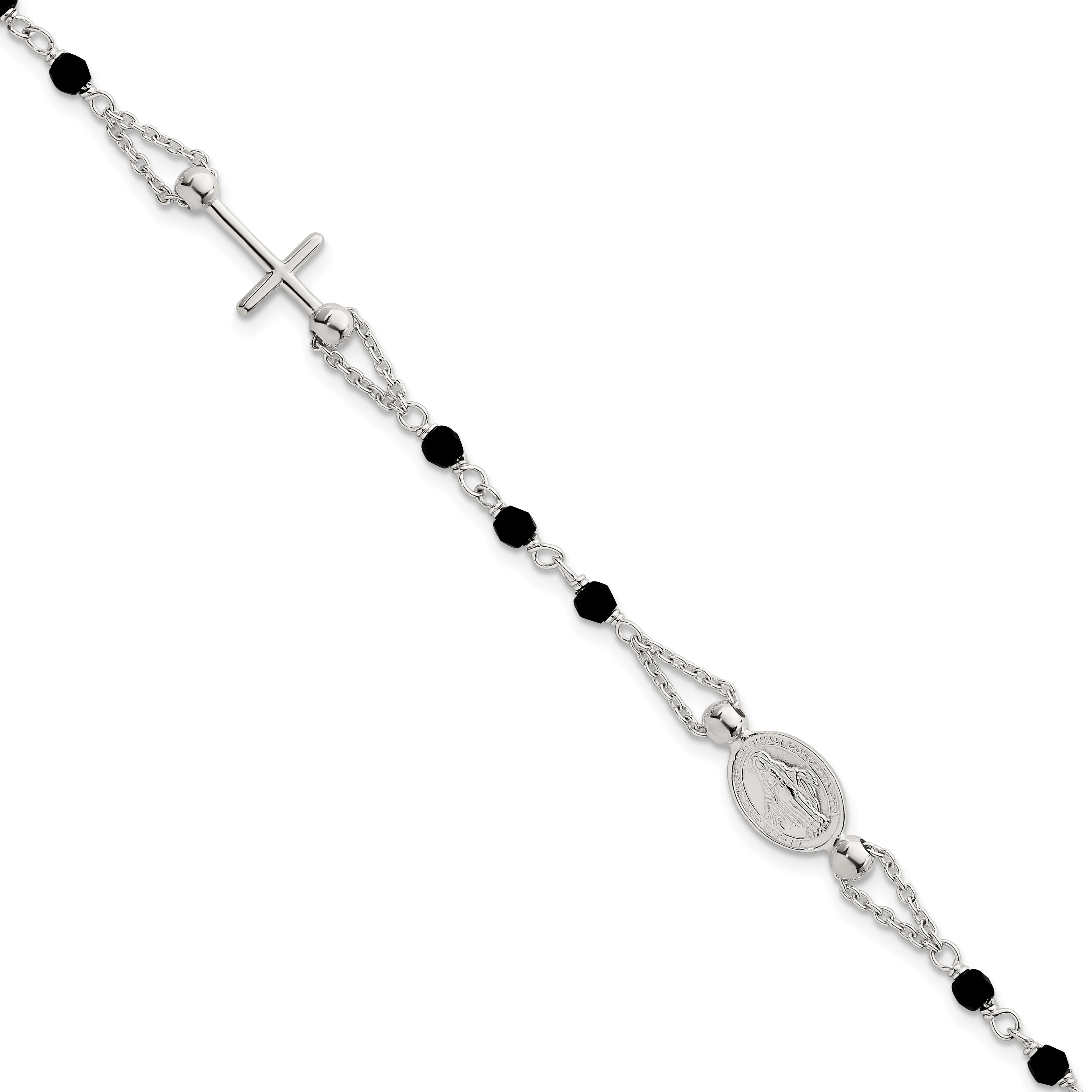 Sterling Silver Polished Beaded Black Glass 6.5 inch with 1 inch Extension Rosary-Design Bracelet