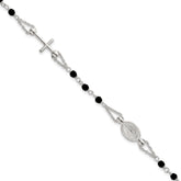 Sterling Silver Polished Beaded Black Glass 6.5 inch with 1 inch Extension Rosary-Design Bracelet