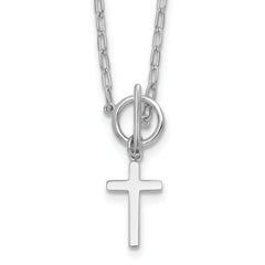 Sterling Silver Rhodium-plated Polished Cross Dangle Paperclip Link 16 Inch with 2 Inch Extension Necklace