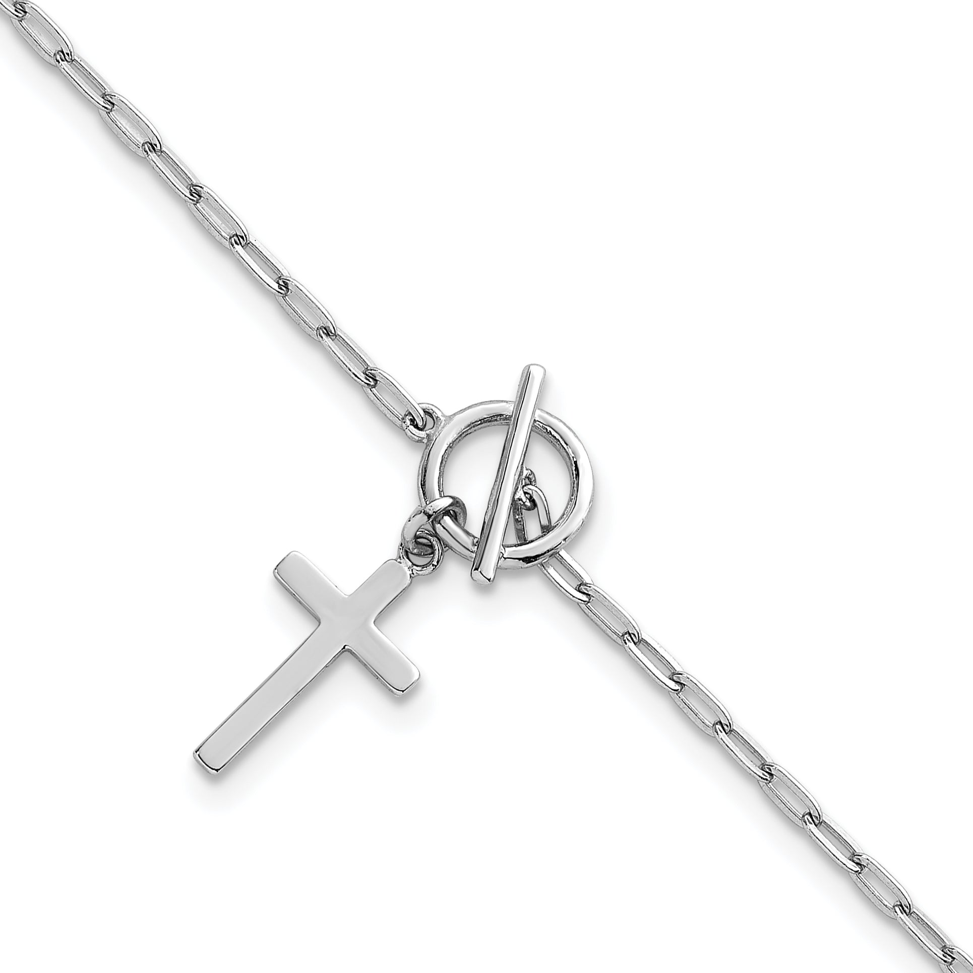 Sterling Silver Rhodium-plated Polished Cross Dangle Paperclip Link 6.5 Inch with 1 Inch Extension Bracelet