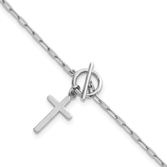 Sterling Silver Rhodium-plated Polished Cross Dangle Paperclip Link 6.5 Inch with 1 Inch Extension Bracelet