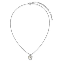 Sterling Silver Rhodium-plated Polished Mother of Pearl Heart and CZ Cross 14 Inch with 3 Inch Extension Children's Necklace