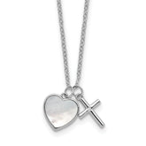 Sterling Silver Rhodium-plated Polished Mother of Pearl Heart and CZ Cross 14 Inch with 3 Inch Extension Children's Necklace