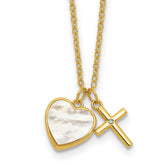 Sterling Silver Gold-tone Polished Mother of Pearl Heart and CZ Cross 14 Inch with 3 Inch Extension Children's Necklace