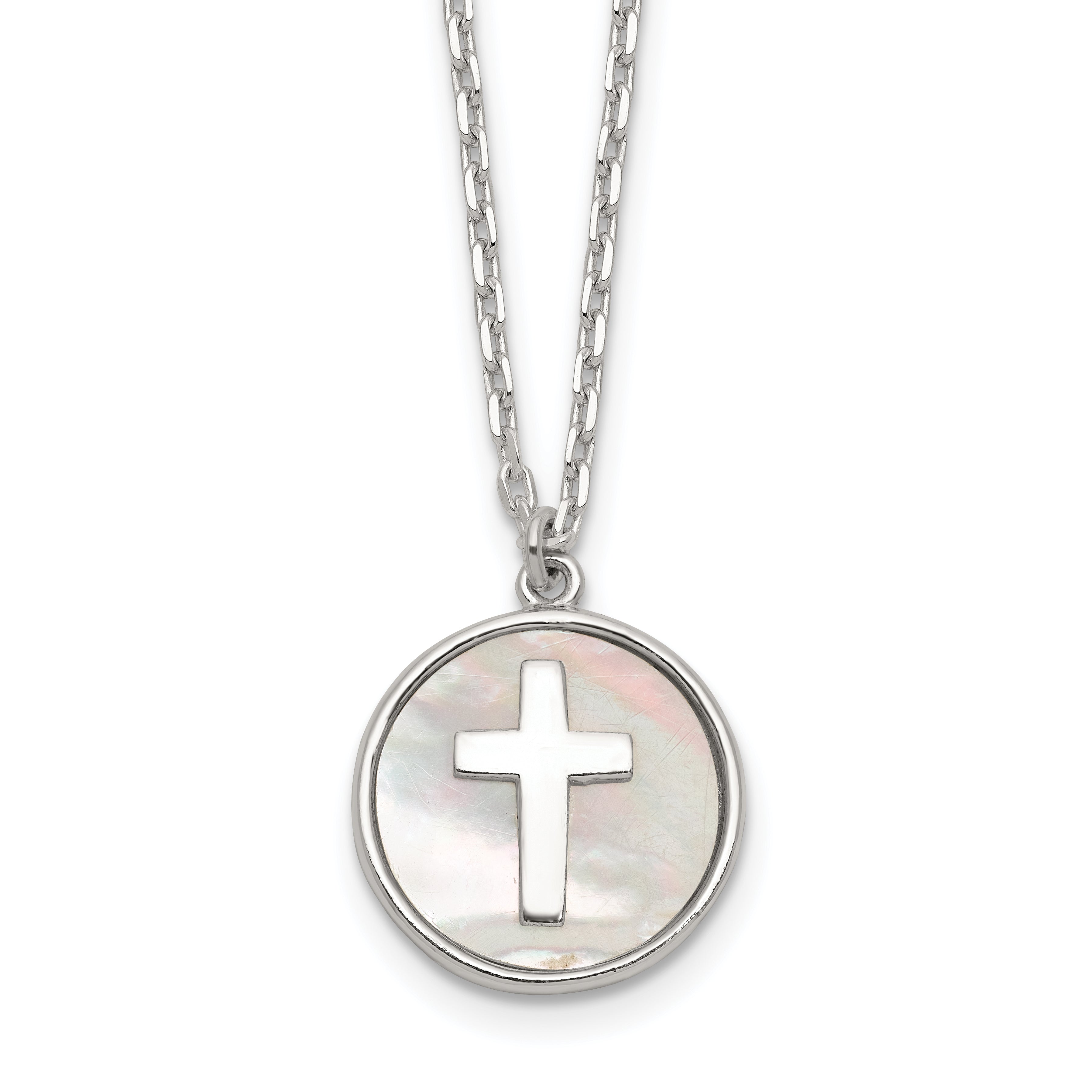 Sterling Silver Polished Mother Of Pearl Circle with Cross 16 inch Necklace