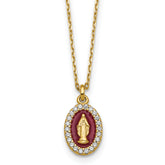 Sterling Silver Gold-plated CZ and Red Enamel Miraculous Medal 15.75 inch with 2 inch extender Necklace