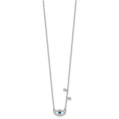 Sterling Silver Polished Blue and White CZ Eye with Beads 16 inch with 2 inch Extension Necklace
