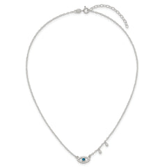 Sterling Silver Polished Blue and White CZ Eye with Beads 16 inch with 2 inch Extension Necklace