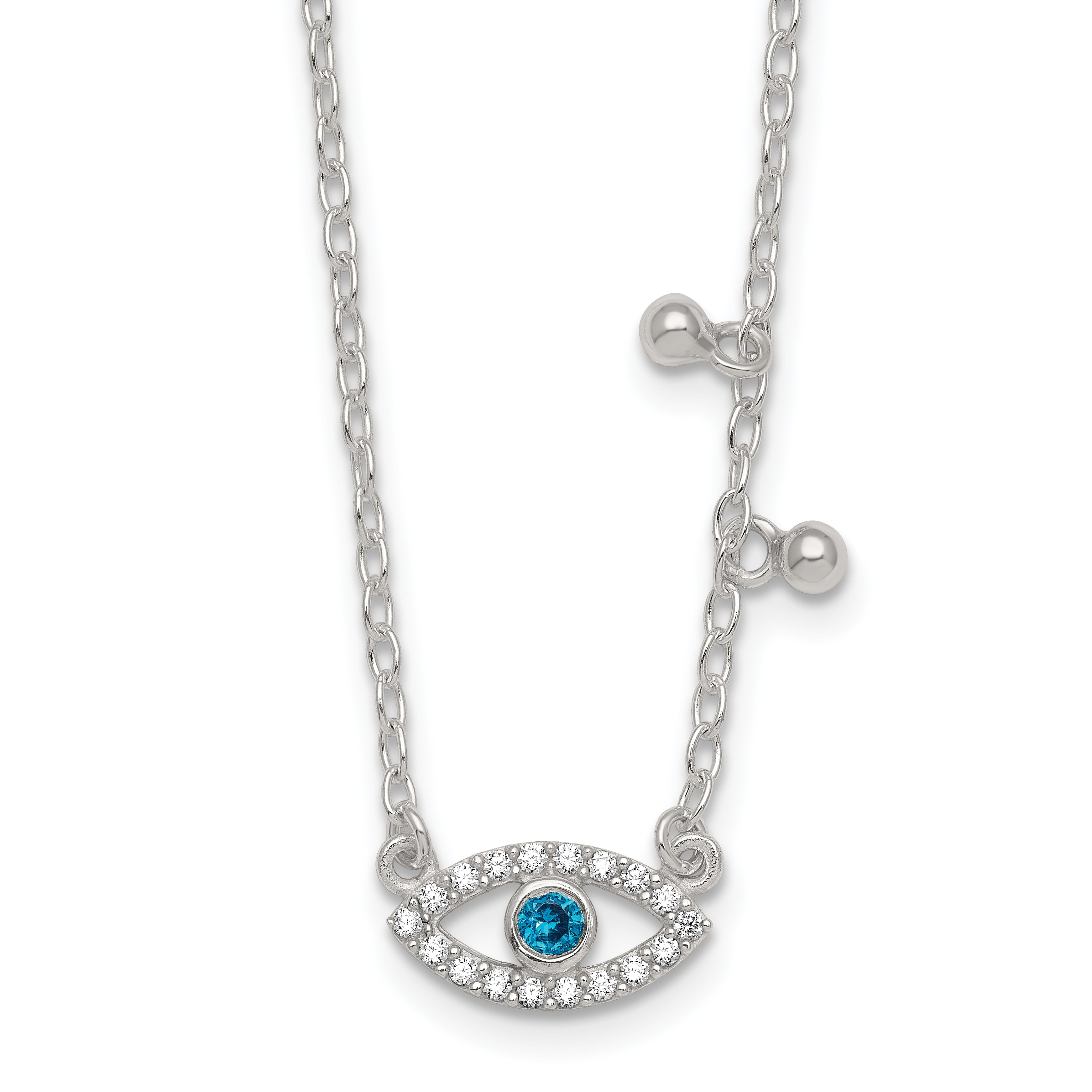 Sterling Silver Polished Blue and White CZ Eye with Beads 16 inch with 2 inch Extension Necklace