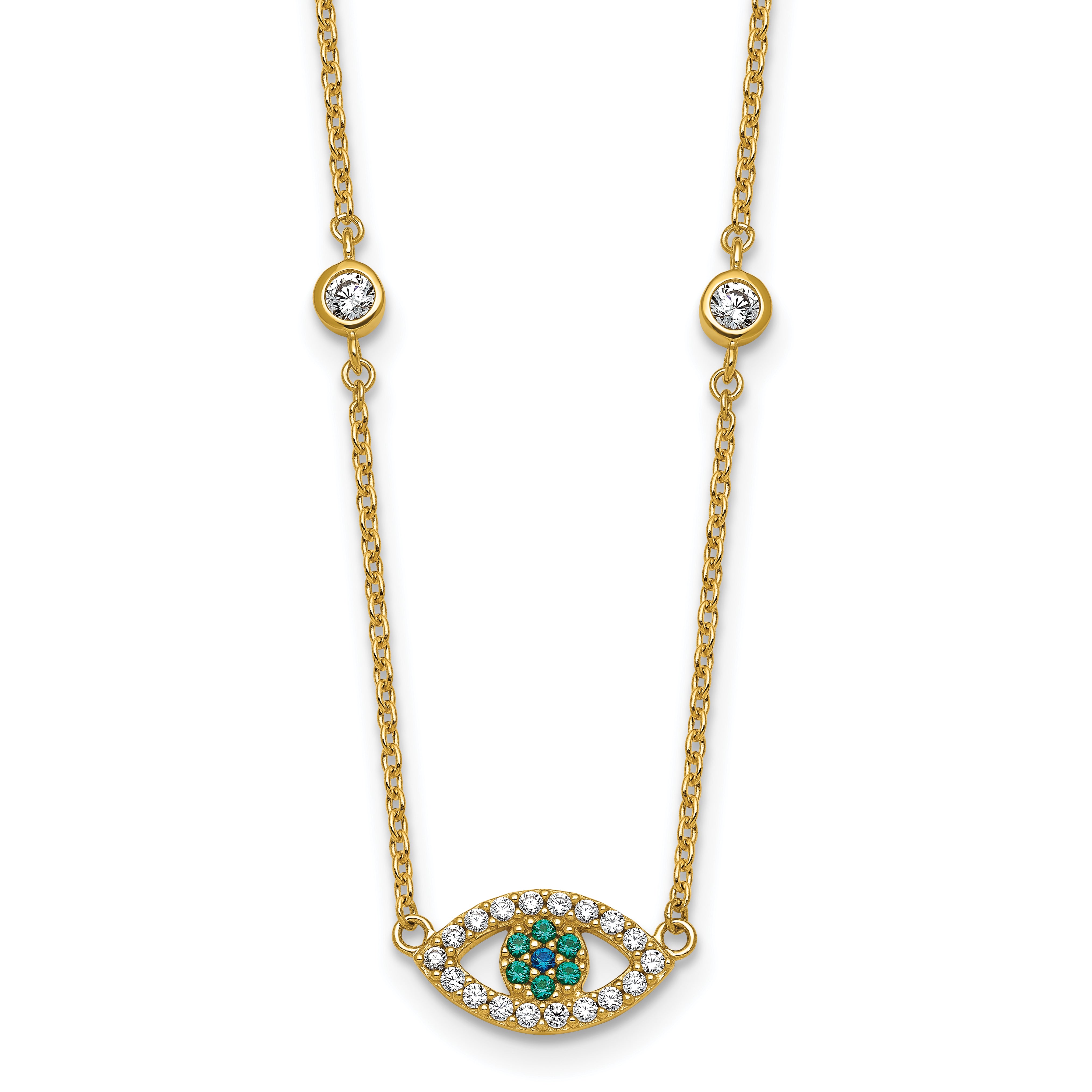 Sterling Silver Gold-tone Polished CZ and Blue and Green Nano Crystal Eye 16 inch with 2 inch Extension Necklace