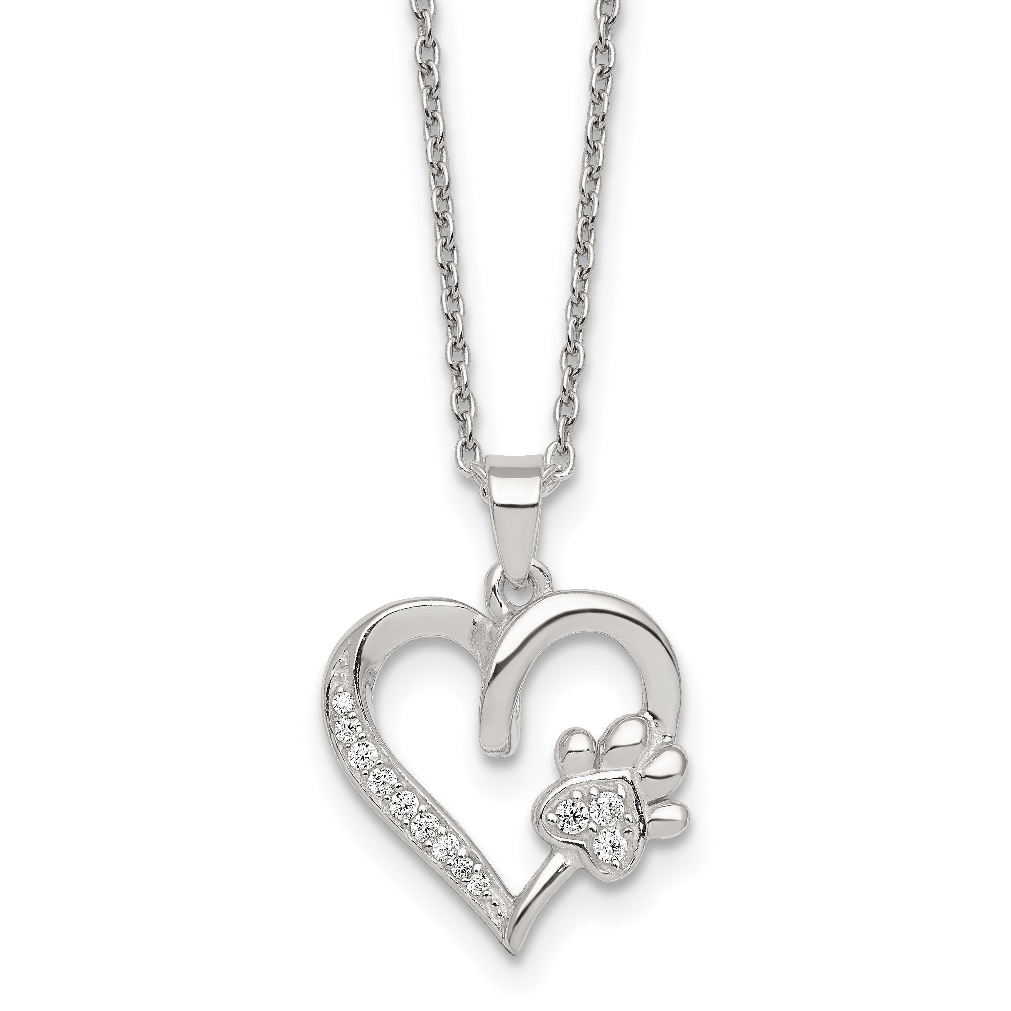 Sterling Silver Polished White CZ Heart and Paw Print 16 inch Necklace