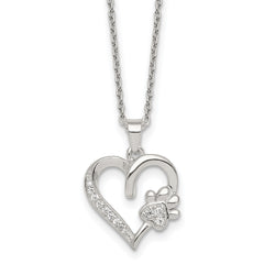 Sterling Silver Polished White CZ Heart and Paw Print 16 inch Necklace