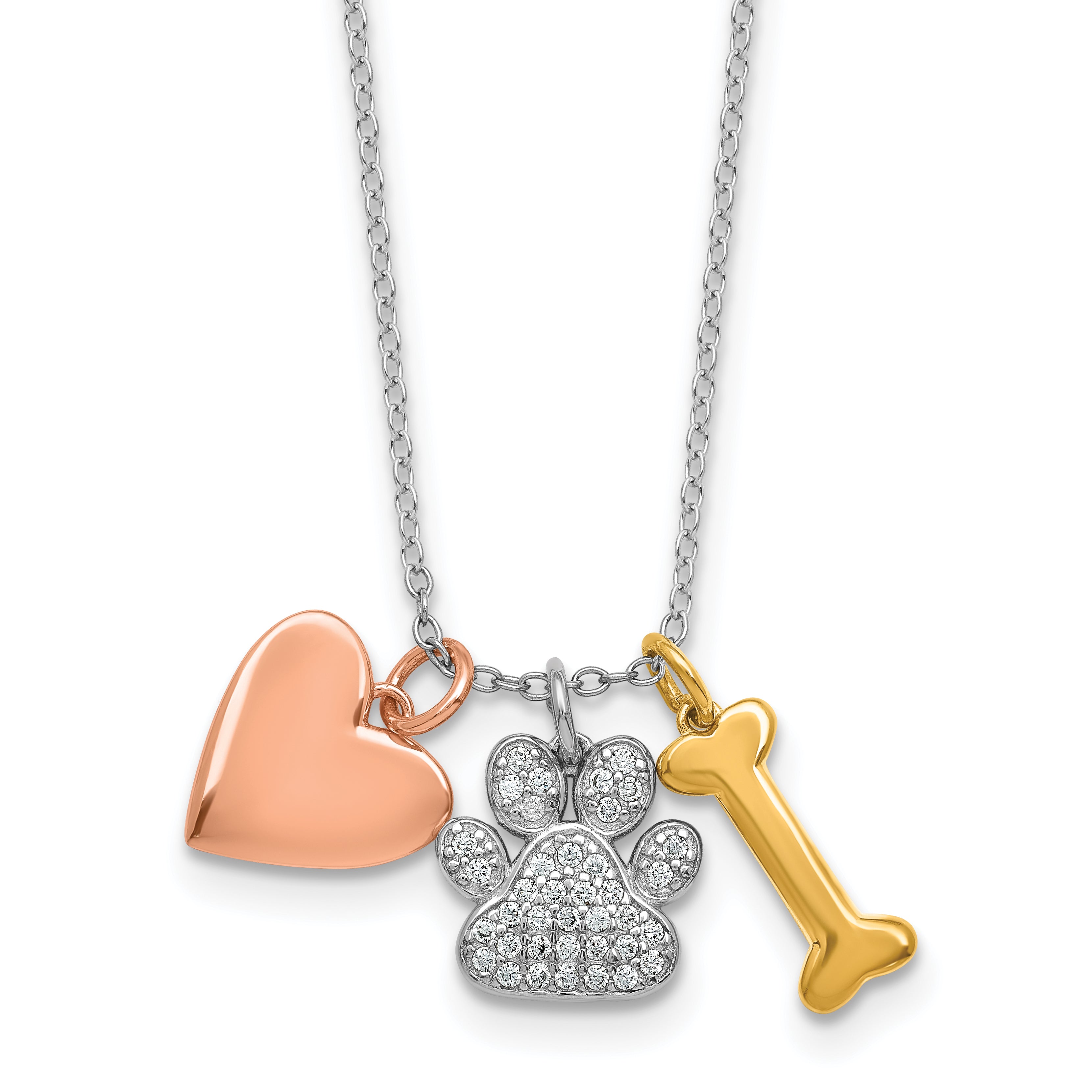 Sterling Silver Rose and Yellow Gold-plated Polished CZ Pawprint Heart and Bone 16 Inch with 2 Inch Extension Necklace