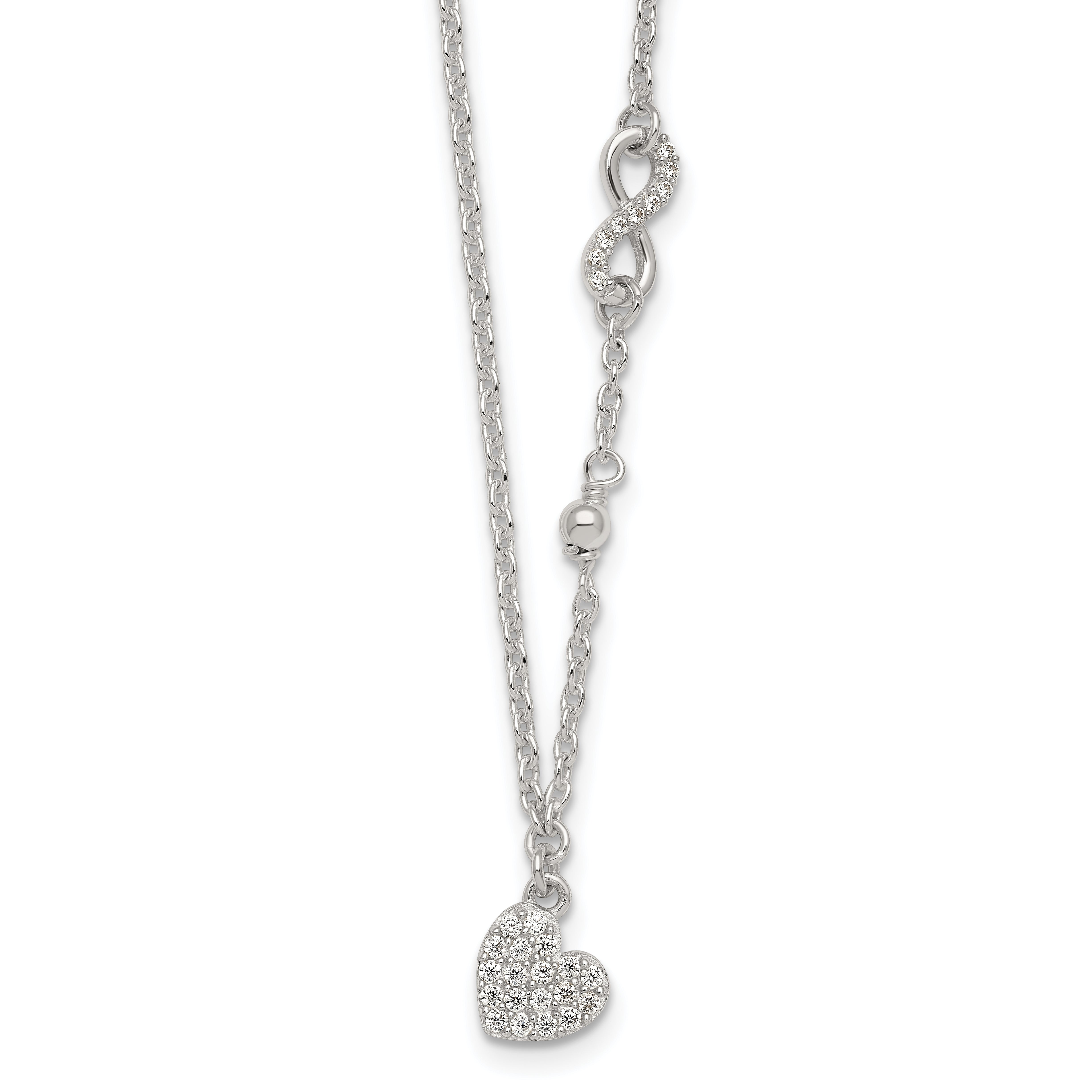 Sterling Silver Polished Beaded White CZ Infinity and Heart 16 inch with 2 inch Extension Necklace