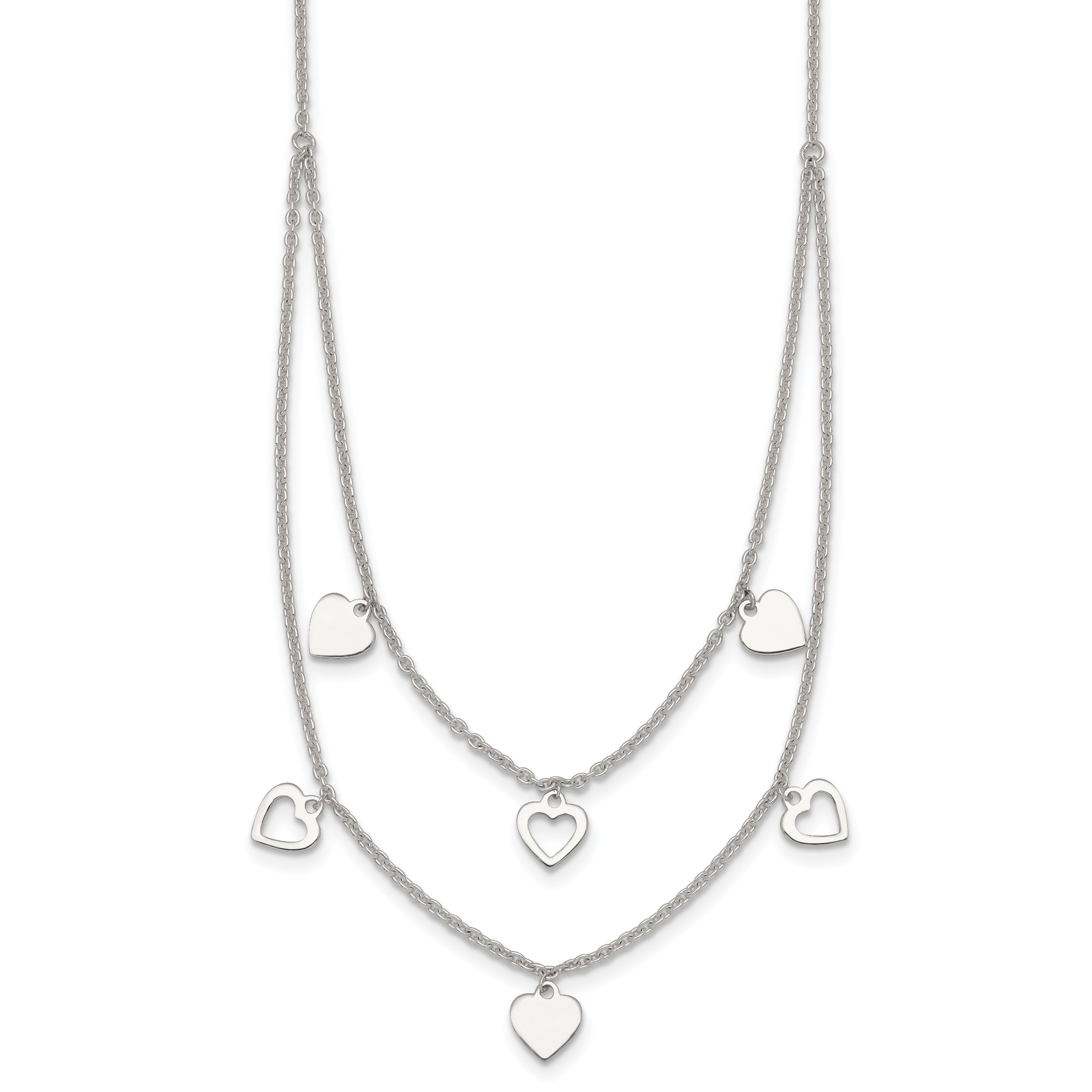 Sterling Silver Polished Double Strand Heart Station 15.75 inch Necklace