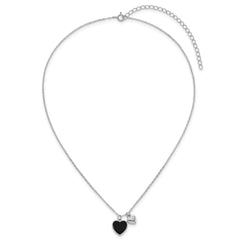 Sterling Silver Rhodium-plated Polished Onyx and CZ Hearts 14 Inch with 3 Inch Extension Children's Necklace