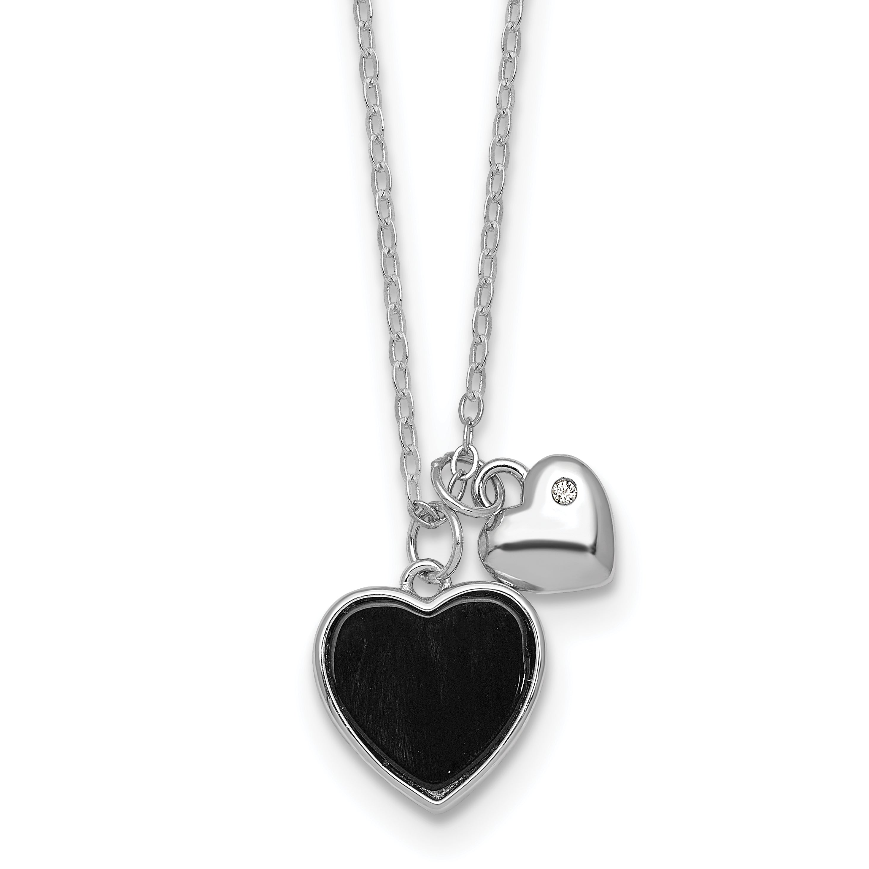 Sterling Silver Rhodium-plated Polished Onyx and CZ Hearts 14 Inch with 3 Inch Extension Children's Necklace