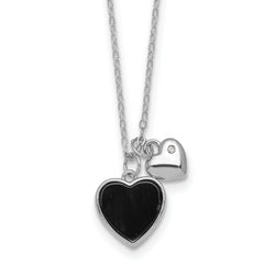 Sterling Silver Rhodium-plated Polished Onyx and CZ Hearts 14 Inch with 3 Inch Extension Children's Necklace