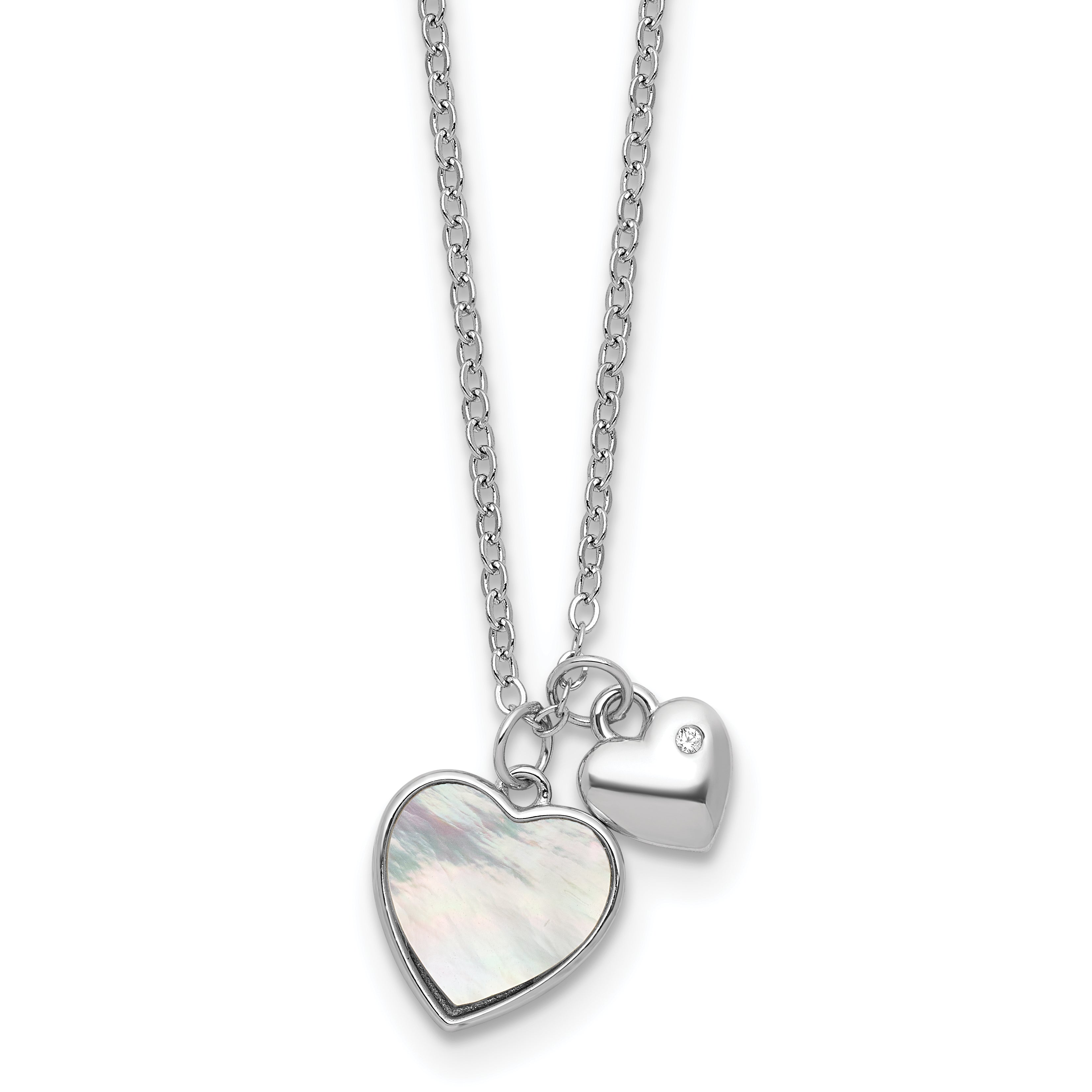 Sterling Silver Rhodium-plated Polished Mother of Pearl and CZ Hearts 14 Inch with 3 Inch Extension Children's Necklace