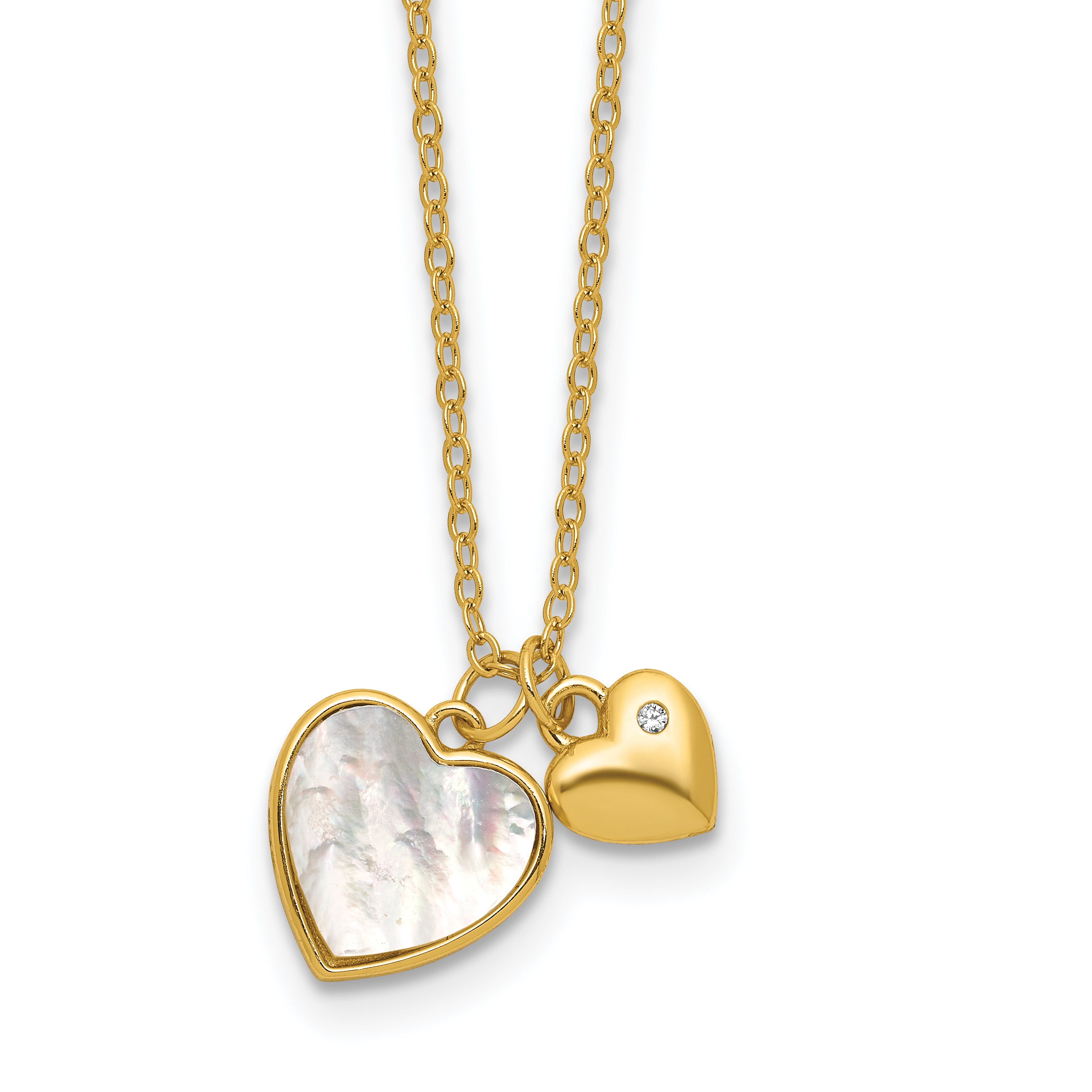 Sterling Silver Gold-tone Polished Mother of Pearl and CZ Hearts 14 Inch with 3 Inch Extension Children's Necklace