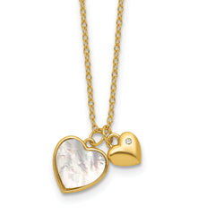 Sterling Silver Gold-tone Polished Mother of Pearl and CZ Hearts 14 Inch with 3 Inch Extension Children's Necklace
