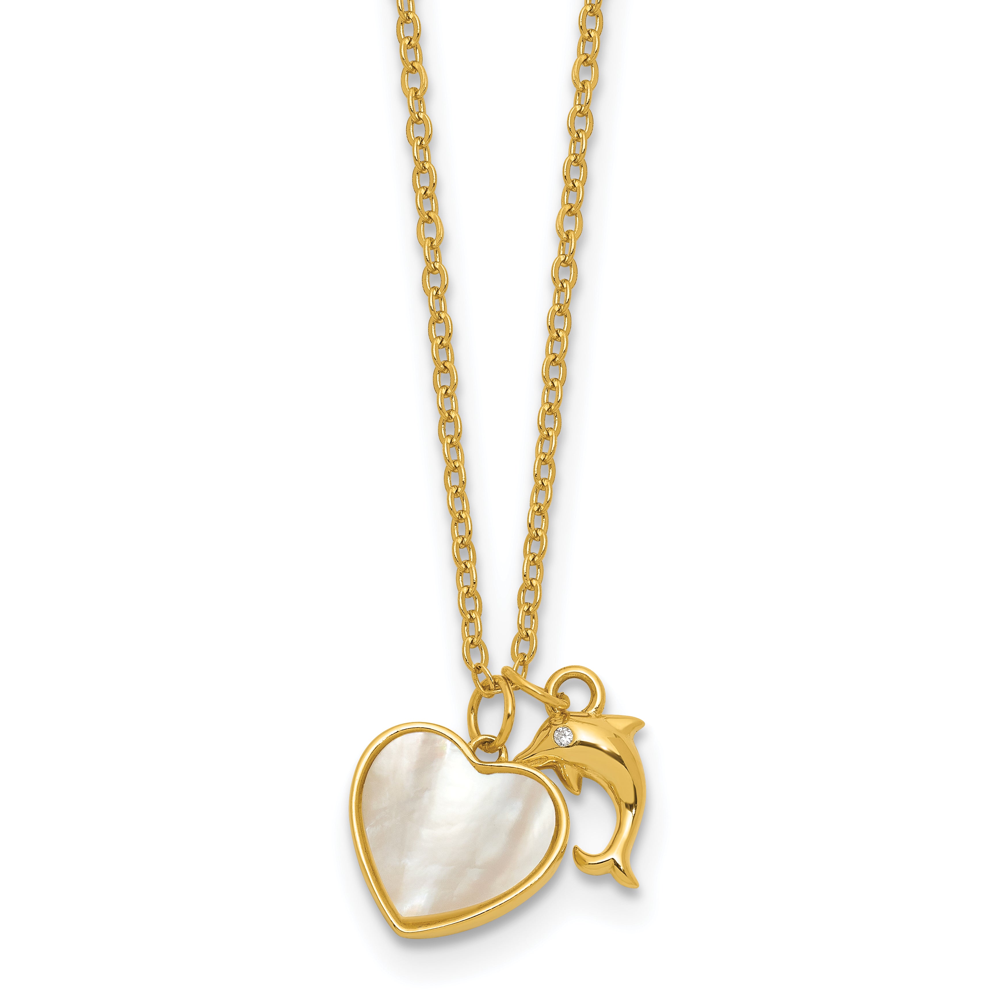 Sterling Silver Gold-tone Polished Mother of Pearl and CZ Heart and Dolphin 16 Inch with 2 Inch Extension Necklace