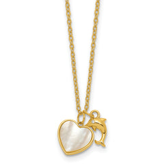 Sterling Silver Gold-tone Polished Mother of Pearl and CZ Heart and Dolphin 16 Inch with 2 Inch Extension Necklace