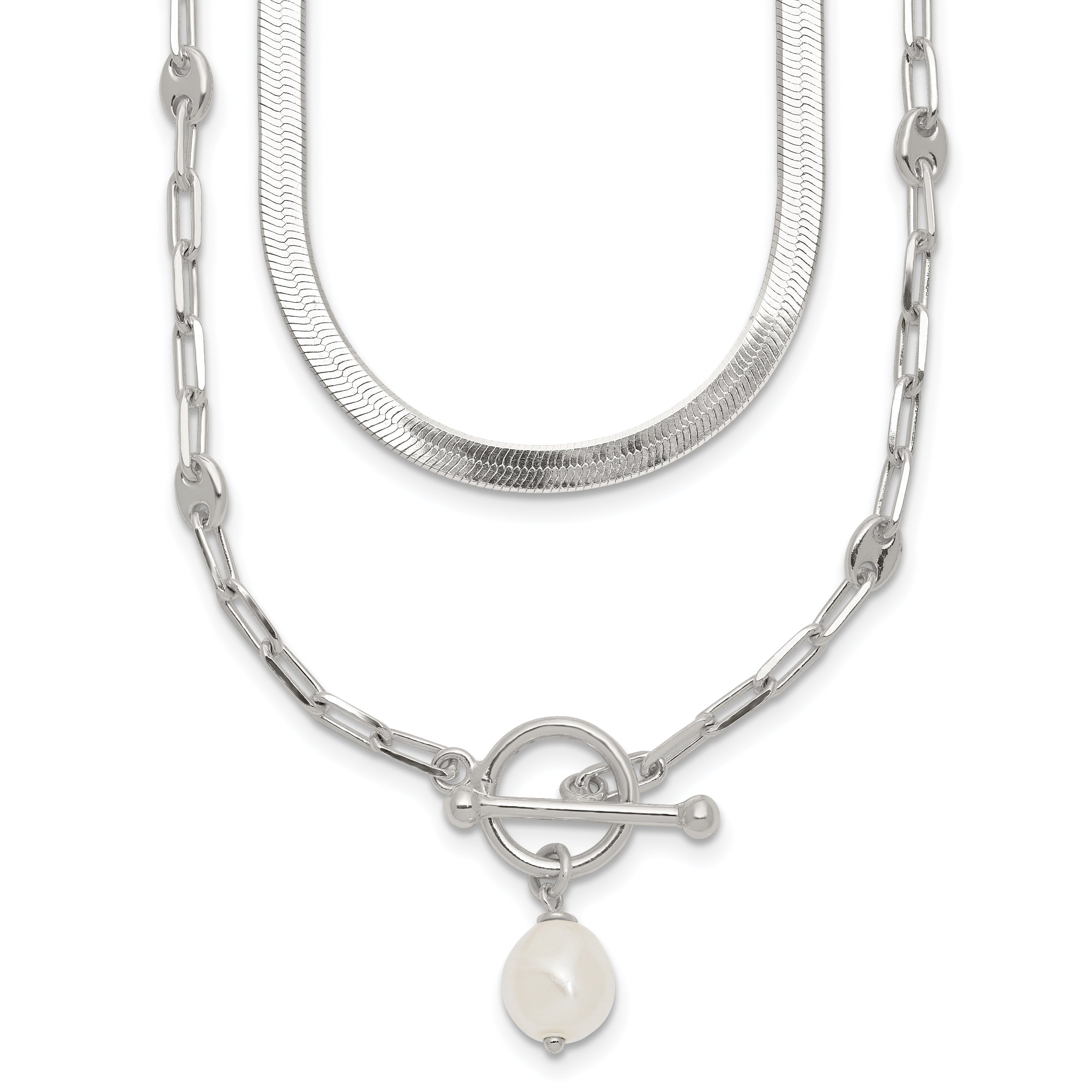 Sterling Silver Polished Baroque White Crystal Pearl Multi-strand 14 inch with 2 inch Extension Necklace