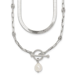 Sterling Silver Polished Baroque White Crystal Pearl Multi-strand 14 inch with 2 inch Extension Necklace