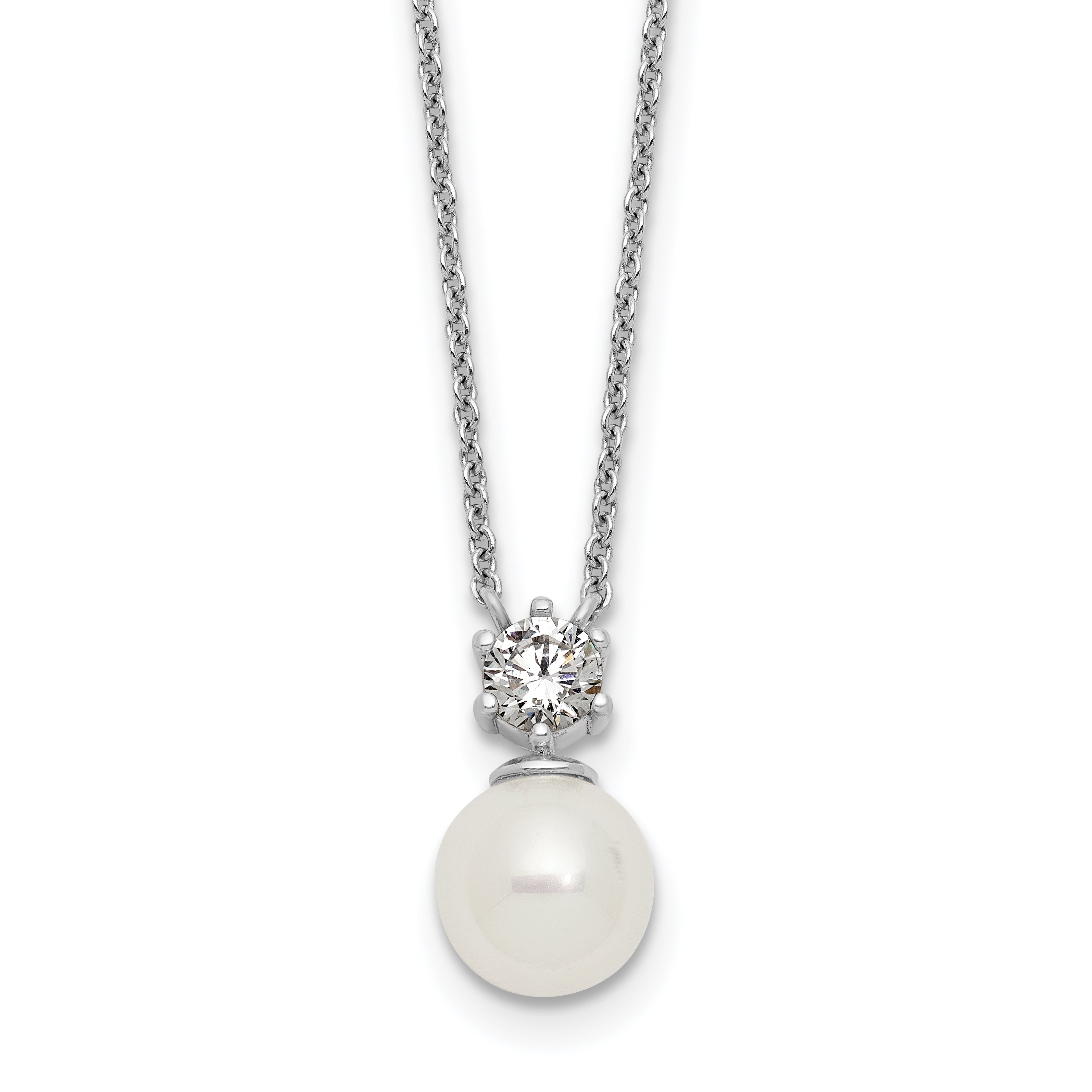 Sterling Silver Rhodium-plated Polished CZ and 7-8mm Shell Pearl 15.5 inch with 2 inch Extender Necklace