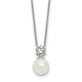 Sterling Silver Rhodium-plated Polished CZ and 7-8mm Shell Pearl 15.5 inch with 2 inch Extender Necklace