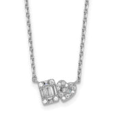 Sterling Silver Rhodium-plated Polished Heart and Rectangle with Round and Baguette CZ 16 Inch with 2 Inch Extension Necklace