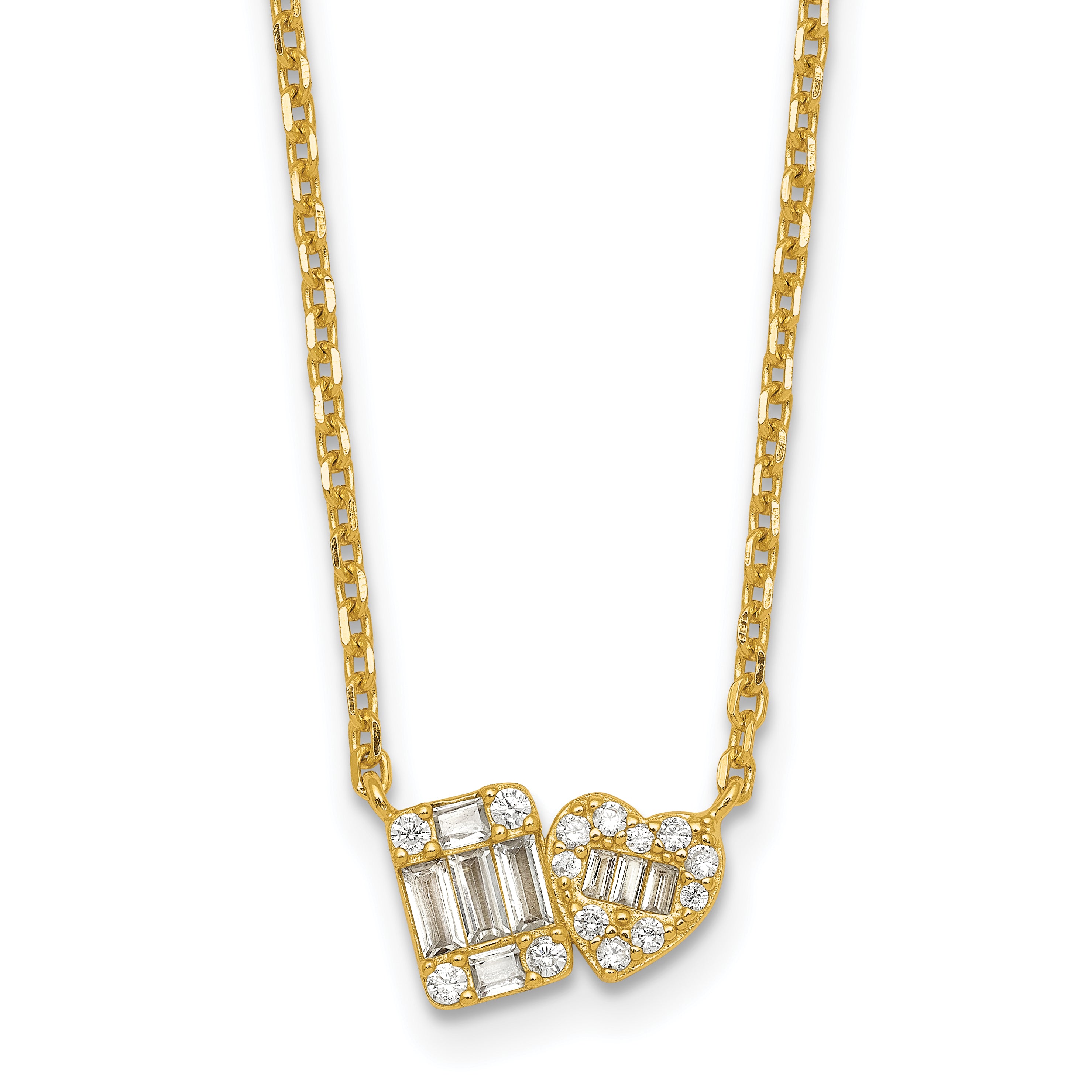 Sterling Silver Gold-tone Polished Heart and Rectangle with Round and Baguette CZ 16 Inch with 2 Inch Extension Necklace
