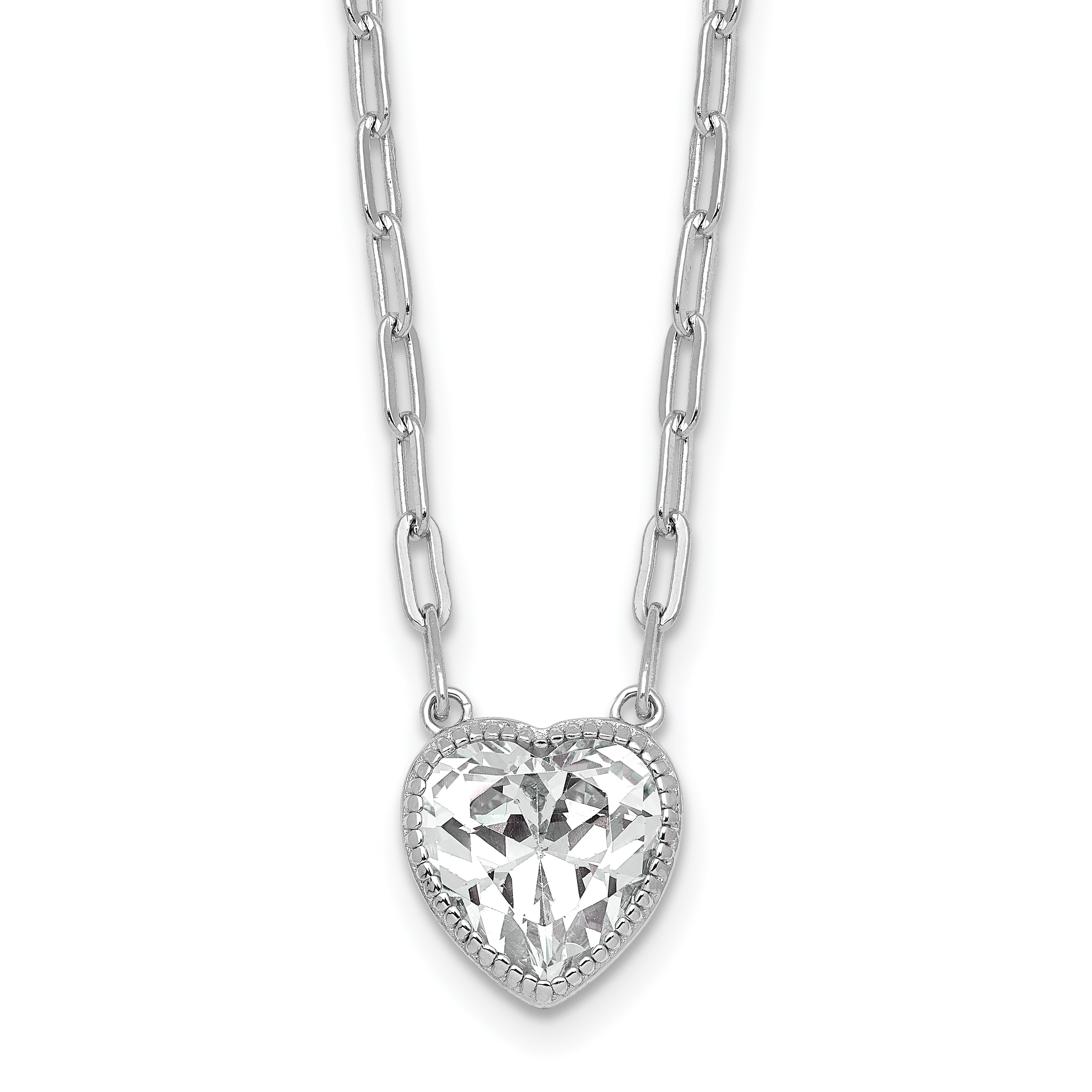 Sterling Silver Rhodium-plated Polished Heart CZ with Paperclip Chain 16 inch with 1.75 inch Extension Necklace