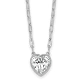 Sterling Silver Rhodium-plated Polished Heart CZ with Paperclip Chain 16 inch with 1.75 inch Extension Necklace