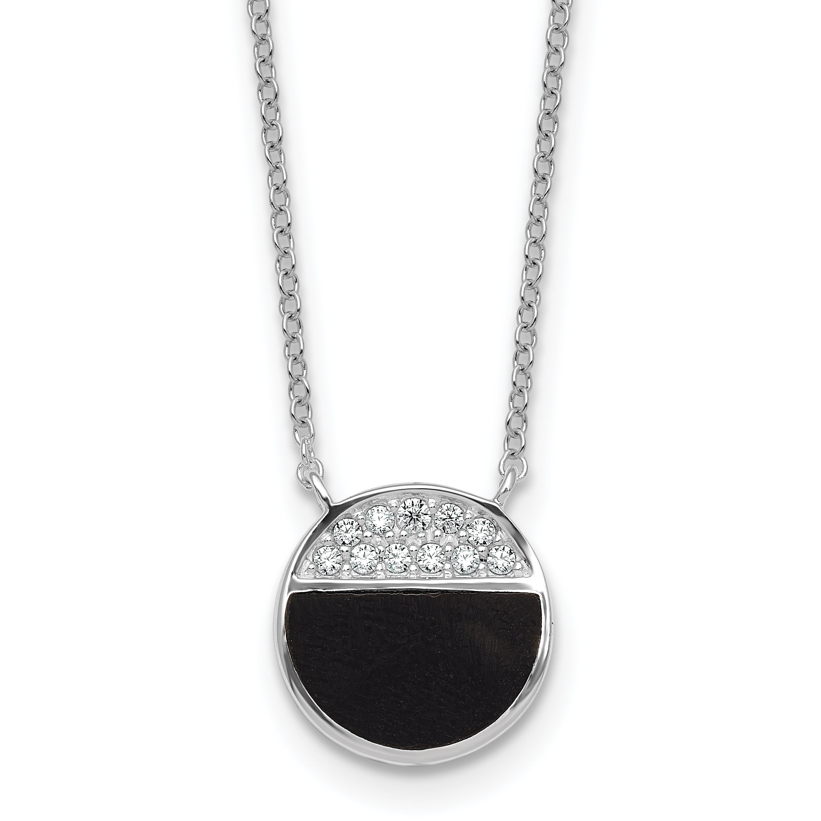 Sterling Silver Rhodium-plated Polished Black Onyx and CZ Circle 16 inch with 2 inch Extender Necklace