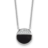 Sterling Silver Rhodium-plated Polished Black Onyx and CZ Circle 16 inch with 2 inch Extender Necklace