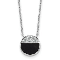 Sterling Silver Rhodium-plated Polished Black Onyx and CZ Circle 16 inch with 2 inch Extender Necklace