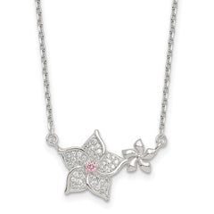 Sterling Silver Polished Pink and White CZ Flowers 16 inch with 2 inch Extension Necklace