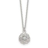 Sterling Silver Polished CZ Flower 16 Inch with 2 Inch Extension Necklace