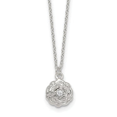 Sterling Silver Polished CZ Flower 16 Inch with 2 Inch Extension Necklace