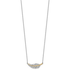Sterling Silver Rhodium-plated with 14k Accent Polished CZ Feather 16 inch with 2 inch Extension Necklace