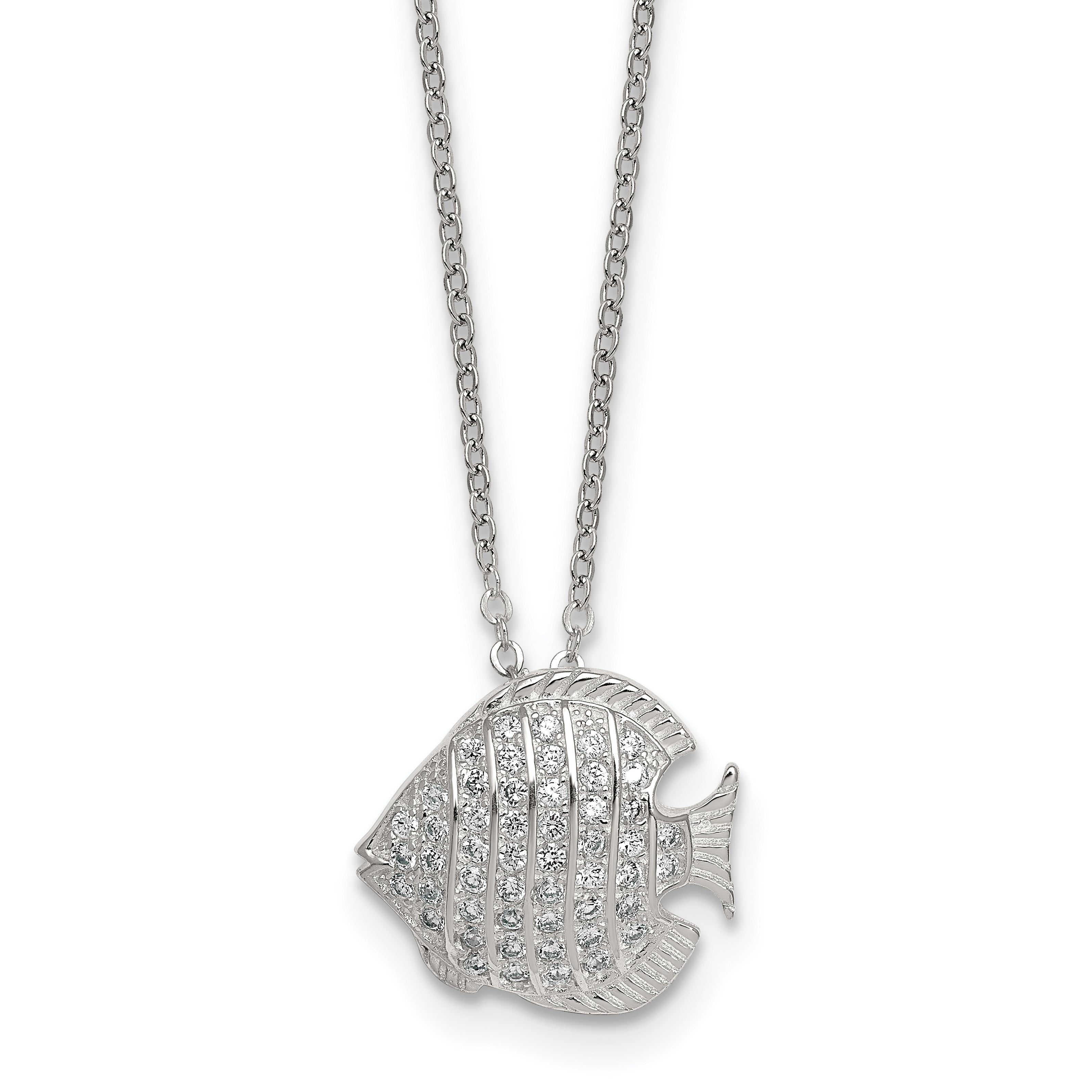 Sterling Silver Polished and Grooved CZ Fish 16 Inch with 2 Inch Extension Necklace