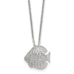 Sterling Silver Polished and Grooved CZ Fish 16 Inch with 2 Inch Extension Necklace